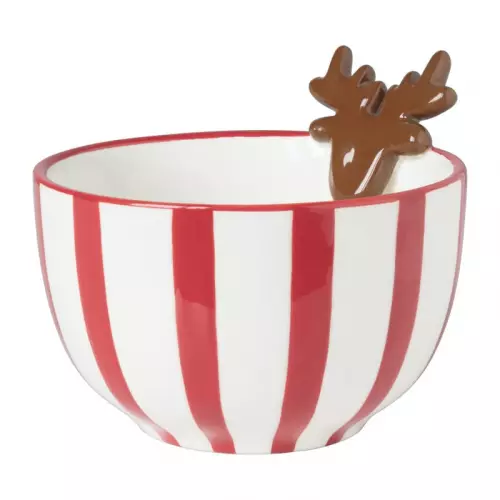 Kom candy cane met rendier - wit/rood - ø12x8 cm