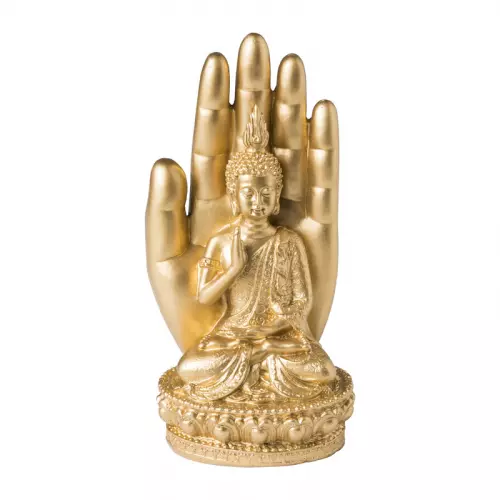 Boeddha zittend in hand - goud - 10x9x20 cm